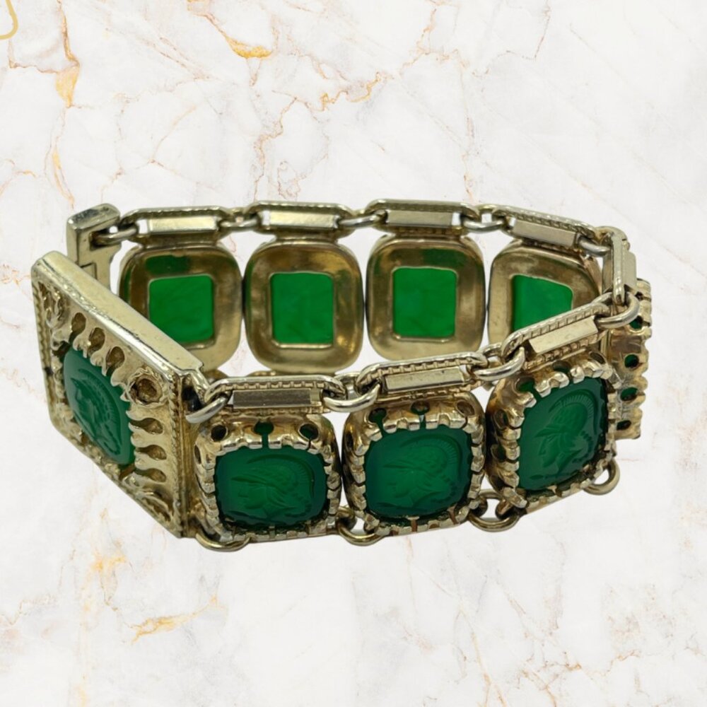 Vintage Italian Gold-Plated Green Intaglio Bracelet 6.5” 9 Glass Cameos - Picture 5 of 12